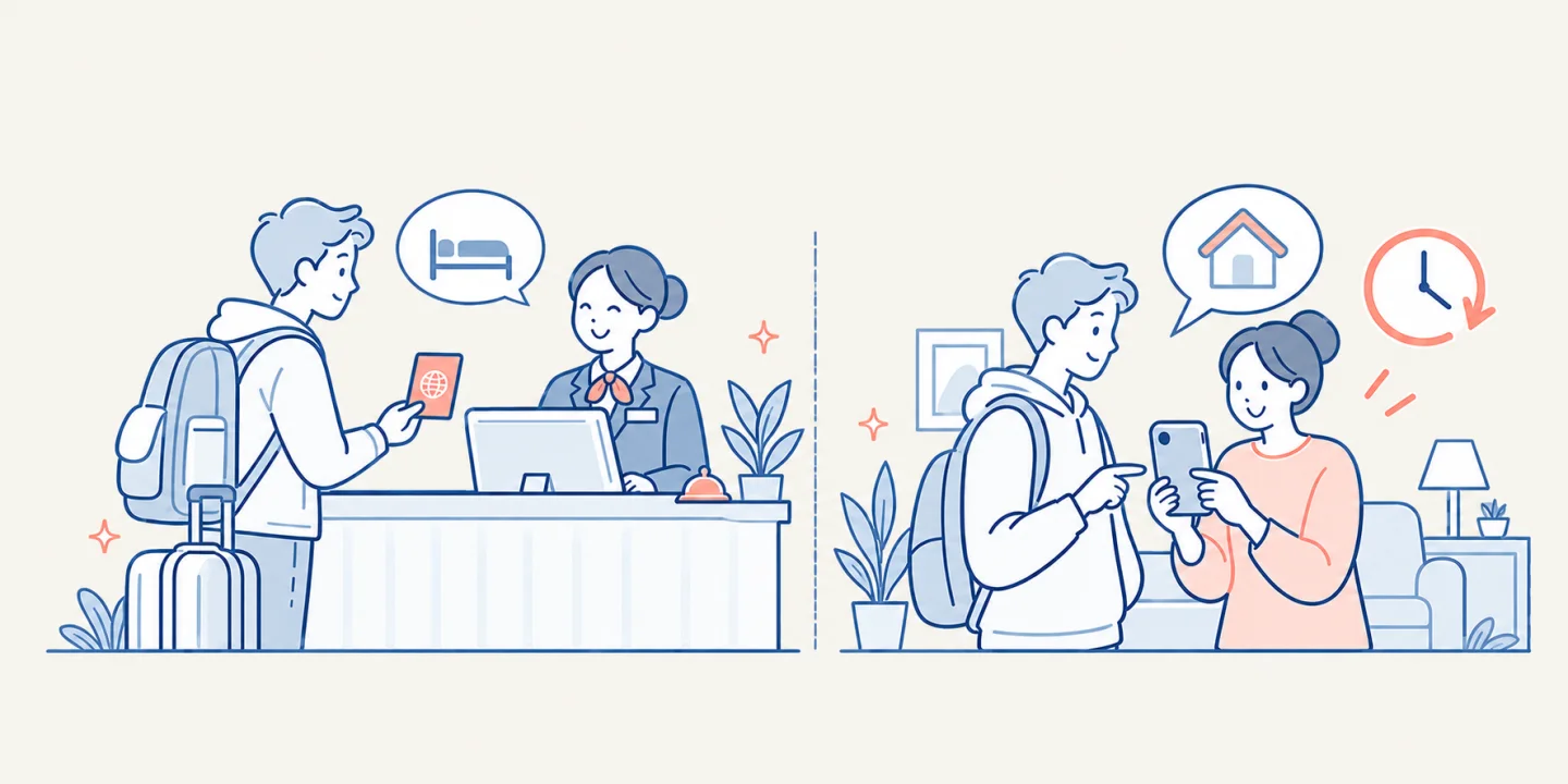 A foreign visitor checking in at a hotel and completing private-stay registration with a host