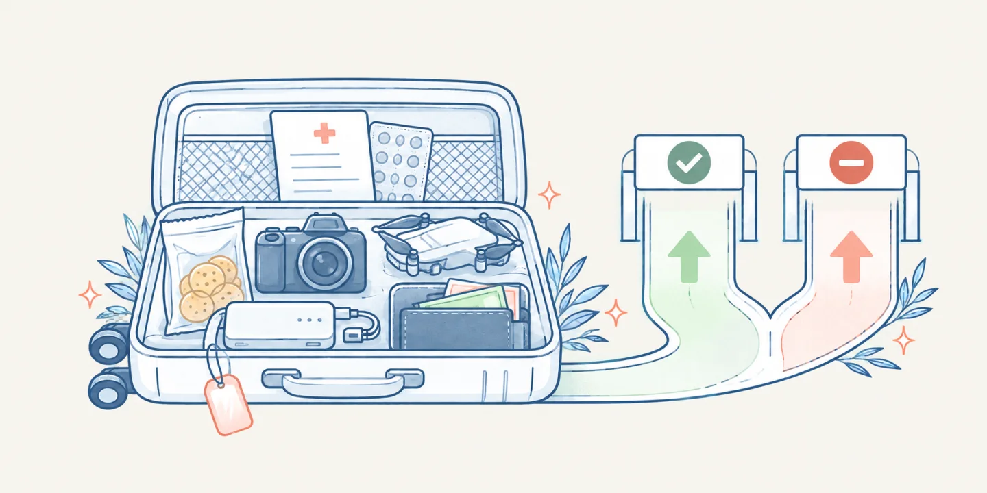 An open suitcase with medicine, food, electronics, a drone and red or green customs routes