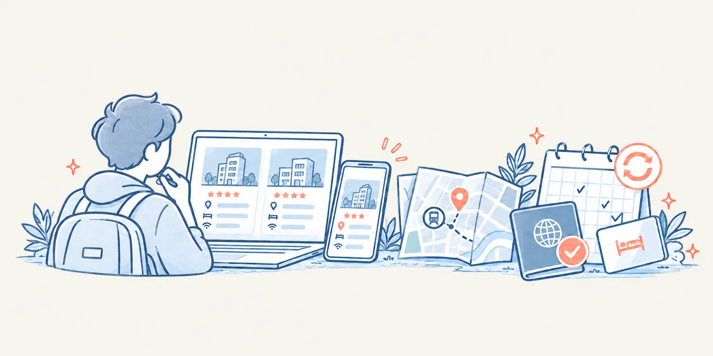 A traveler comparing China hotels, map locations, flexible dates and passport-ready check-in
